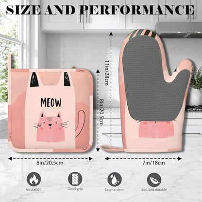 Cute Pink Cat Oven Mitts and Pot Holders Sets Smile Face Silicone Heat Resistant Kitchen Oven Gloves Pot Holder for Cooking Baking Grilling BBQ - color: Cute Pink Cat