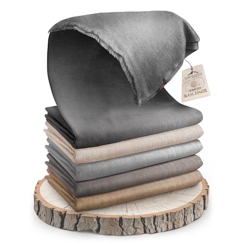Cashmere Blanket – Hand Woven 100% Pure Wool Throw Blanket, 135 x 270 cm – Fine Herringbone Pattern Cozy, and Soft Blanket for Bed, Sofa, or Couch - Made in Nepal - color: Grey