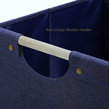 HOONEX Large Foldable Storage Bins, Linen Fabric, Pack of 2, Storage Baskets with Wooden Carry Handles and Sturdy Heavy Cardboard, for Home, Office, Car, Nursery, Blue - color: Blue