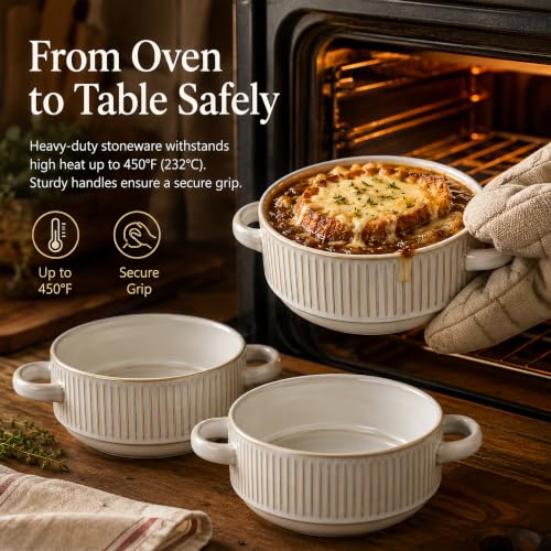 26 Oz Soup Bowls with Handles, French Onion Soup Crocks, Ceramic Soup Bowls Set of 4, Embossed Stackable Bowl for Chili, Beef Stew, Pasta, Casseroles Dish, 6 inch, Oven Dishwasher Safe