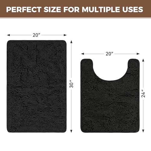 Bcoimo U Shaped Bath Rug Mat Set,2 Piece Chenille Black Toilet Bathroom Rug | Extra Soft Bathroom mat set;Non Slip with Rubber Back Bath Mats;High Absorbent And Quick Dry Microfiber mat; Machine Washable - color: Black, size: U24×20 Plus 30×20