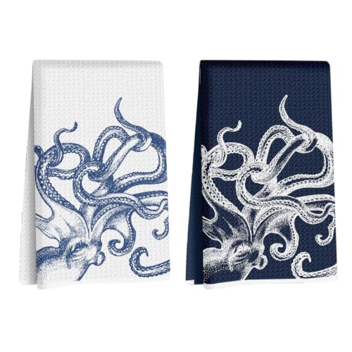2Pcs Coastal Octopus Beach Decor Dish Hand Tea Towels for Bathroom Kitchen | Octopus Ocean Nautical Beachy Bathroom Decor, Coastal Nautical Kitchen Towels and Dishcloths, 14x24 Inches - color: Vintage Octopus