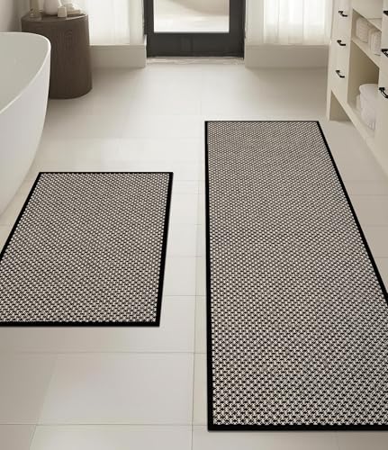 Thin Bath Mat Black Bathroom Rugs Sets 2 Pieces, Non Slip Absorbent Mats Quick Dry, Woven Rugs Washable, Tapetes para Baño for Bathroom Toliet,Bathtub(17"x24"+17"x47") - color: Black, size: 2Pieces(17"x24"+17"x47")