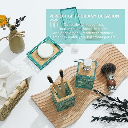 GAHEFY Teal Blue Beach Bathroom Accessories Set, Toothbrush Holder, Soap Dispenser, Cotton Swabs Holder, Soap Dish, Toilet Brush with Holder, Boho Bamboo Bathroom Decor,Acrylic (Teal) - style: Teal-5pcs