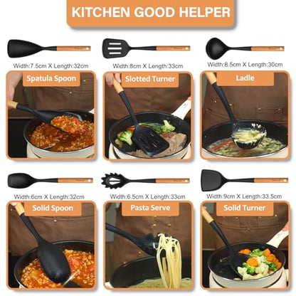 Large Silicone Kitchen Utensils Set with Holder, 25Pcs Cooking Utensil Set with Wooden Handle, Heat Resistant Spatula Sets for Cooking, BPA Free Silicone Utensils Set for Non-Stick Cookware(Black) - color: Black