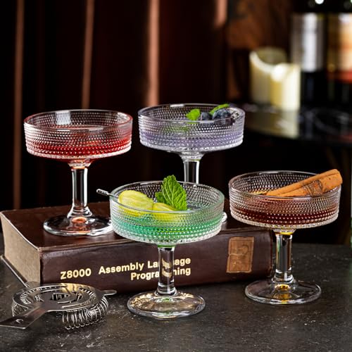 12 Pcs Martini Glasses, 6.7oz Crystal Champagne Tower, Art Deco Hobnail Coupe Glasses, Stem Cocktail Glassware Set, Margarita Cups, Heavy Base Bar Glassware for Martini, Gimlet, Manhattan - style: Hobnail Style