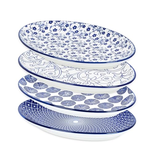 Selamica Serving Platters Ceramic, 12 Inch Serving Dishes for Party Entertaining, Oval Serving Plates for Sandwich, Appetizer, Fruit, Microwave Dishwasher Safe, Set of 4, Vintage Blue - color: Vintage Blue, size: 12 Inch