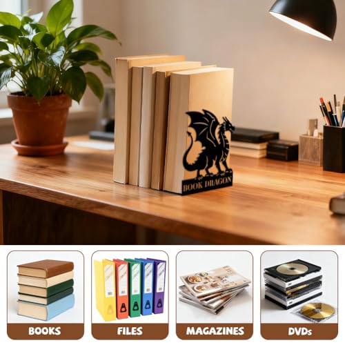 5.3"x4.3"x6.9" Metal Bookends, Heavy Duty Book Ends for Shelves | Dragon Theme Cast Iron Book Supports, 1 Pair Decor Stoppers for Desk, Library, Office & Home Shelves - style: Dragon