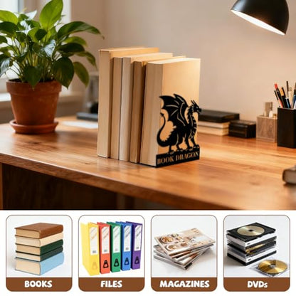 5.3"x4.3"x6.9" Metal Bookends, Heavy Duty Book Ends for Shelves | Dragon Theme Cast Iron Book Supports, 1 Pair Decor Stoppers for Desk, Library, Office & Home Shelves - style: Dragon