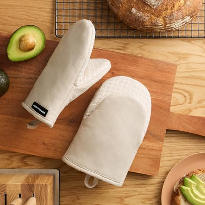 KITCHENAID Gourmet Series Gridlines Mini Oven Mitts 2-Pack Set, Heat Resistant up to 600°F, Soft Silicone Grip, Magnetic Cuff, Milkshake Tan, 5.5"x9" - color: Milkshake Tan