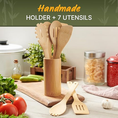 Bamboo Cooking Utensils Set 7 Pcs with Holder, Wooden Spoons for Nonstick | Easy to clean, sturdy, lightweight and heat resistant; eco-friendly and non-toxic; safe on delicate pans - size: 7 Pieces Extended