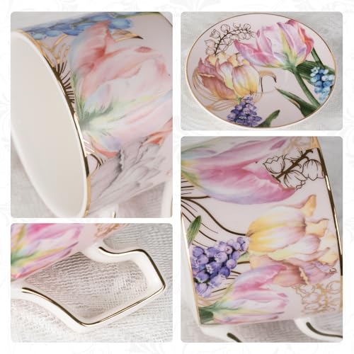 KAMMAK Tea Cups and Saucers Set of 2, Porcelain Coffee Cups, NX022 | Gold Rim, Stackable Espresso Mugs, Ceramic Demitasse for Coffee, Latte, Americano, Afternoon Tea, Elegant Gift for Women - size: 8CZNX022