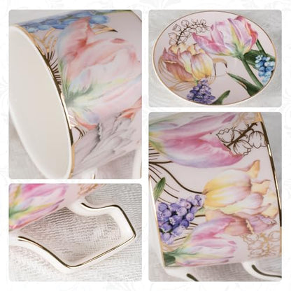 KAMMAK Tea Cups and Saucers Set of 2, Porcelain Coffee Cups, NX022 | Gold Rim, Stackable Espresso Mugs, Ceramic Demitasse for Coffee, Latte, Americano, Afternoon Tea, Elegant Gift for Women - size: 8CZNX022