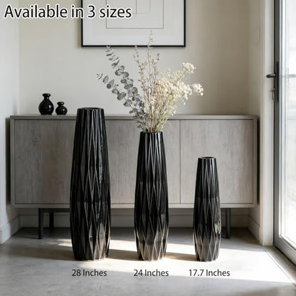 Black Tall Ceramic Floor Vase, 17.7 Inch, Ribbed Design | Matte Finish, Narrow Corners, Entryway, Bedroom, Compact Spaces - size: 17.7 Inch