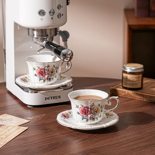 Ceramic Floral Cups with Saucers，7 oz Espresso Cups for Latte Coffee Cafe, Cappuccino and Tea (1, Camellia) - color: Camellia