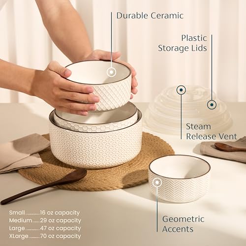 KooK Serving Bowls, with Lids, Ceramic Nesting Bowls, Set of 4, Embossed, Kitchen, Prep, Stackable, Gift, Microwave and Dishwasher Safe, 16/29/47/70 oz, Narbonne Collection (Ivory) - size: 70 Oz