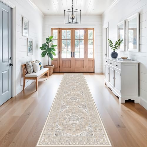 RUUGME Hallway 2'6x12 Runner Rug: Vintage Washable Kitchen Rugs Non-Slip Low Pile Carpet for Entryway Soft Thin Stain Resistant Floor Decor Mat for Bathroom Living Room Bedroom(Beige/Cream,2'6"x12') - color: Beige/Cream, size: 2'6" x 12' (Runner)
