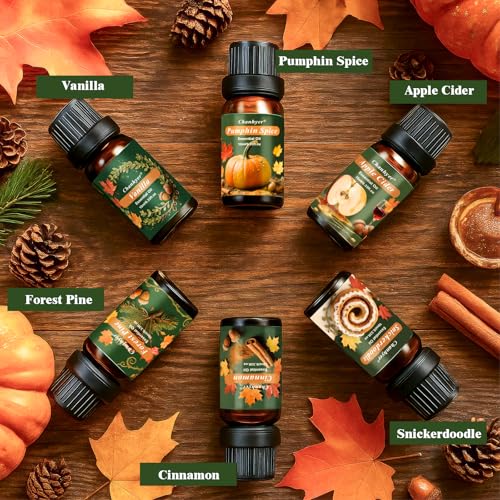 Autumn Fall Essential Oils Set for Diffusers for Home 6 x 10 ml | Aromatherapy Gift,Premium Scented Oils for Diffusers - Pumpkin Spice,Apple Cider,Snickerdoodle,Vanilla,Cinnamon & Pine - color: Green