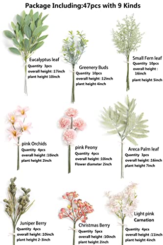 Serra Flora Artificial Greenery Stems Box Set,(Pack of 47pcs) with 9 Kinds of Faux Pink Green Filler for DIY Bridal Bouquets Wedding Floral Arrangement Table Centerpieces - color: Green & Pink