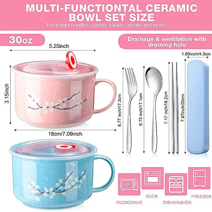 2 Pcs 30 Oz Ceramic Bowl with Lid Handle Noodle Cup,Pink, Blue | Microwave Soup Bowls for Instant Meals, Cherry Blossom Design, 2 Stainless Utensils Sets with Case for Office Dorm Lunch - color: Pink, Blue