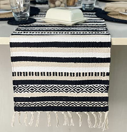 Black, Cream, White Boho Table Runner | Cotton Farmhouse Table Linen 13x72 Inches| Machine Washable, Durable and Easy to Combine - color: Ivory-black, size: 13x72 Inch.