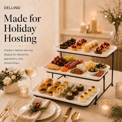 DELLING 3 Tier Serving Tray Set 16 Inch, Large Porcelain Tiered Platters with Collapsible Stand - Serving Dishes for Entertaining Dessert Table Party, Easy Assembly, White - size: 16 inch
