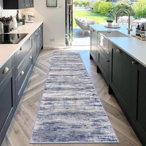 KOZYFLY Modern Abstract Washable Rug Runner 2.6x10 Hallway Rug Runner Non-Slip Soft Kitchen Runner Rugs, Grey-Blue Striped Carpet for Entryway Bathroom Laundry Room Foyer - color: Blue-grey, size: 2'8" x 10' (Runner)