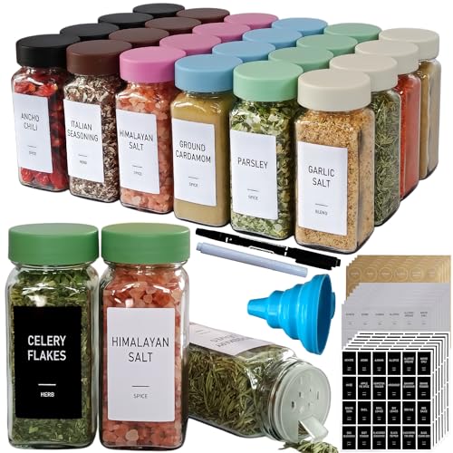 Spice Jars with Labels - 24 Glass Spice with Shaker Lids & Airtight Plastic Caps - 4oz Complete Seasoning Containers Organizer Set for Cabinet, Drawer & Rack (Green) - color: Green