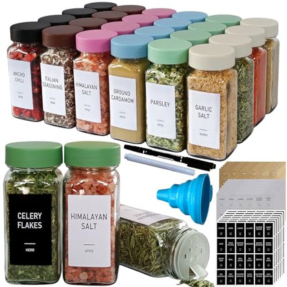 Spice Jars with Labels - 24 Glass Spice with Shaker Lids & Airtight Plastic Caps - 4oz Complete Seasoning Containers Organizer Set for Cabinet, Drawer & Rack (Green) - color: Green