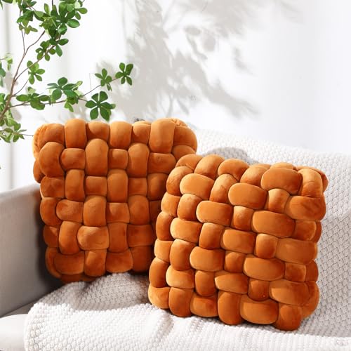 Wenqik 2 Pcs Knot Pillows Square Knotted Plush Throws Soft Accent Pillows Decoration Cushion for Couch Home Office Living Room Bedroom Bed Sofa Decor, 12'' x 13''(Caramel,Crystal Velvet) - color: Caramel