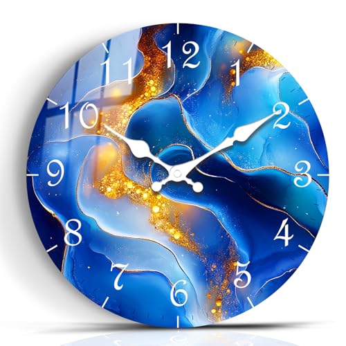 Modern Wooden Wall Clock with Marble Texture Design Silent Sweep Movement Battery Operated 10 Inch Round Wall Decor for Office, Bedroom, Living Room - color: Blue Marble Texture, size: 10inch