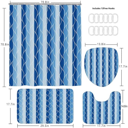 DDQQ 4Pcs Blue Bathroom Set Stripe Shower Curtain Set Modern Geometric Shower Curtain for Bathroom with 12 Hooks, Bathroom Carpet Bath Mat and Toilet Rugs - color: Blue