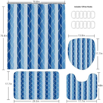 DDQQ 4Pcs Blue Bathroom Set Stripe Shower Curtain Set Modern Geometric Shower Curtain for Bathroom with 12 Hooks, Bathroom Carpet Bath Mat and Toilet Rugs - color: Blue