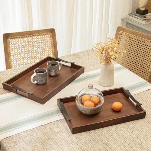 Ellementry Wooden Serving Tray Set – Decorative Tray for Coffee Table, Kitchen & Dining, Serving Platters, Breakfast & Snack Tray - color: Mellow Brown