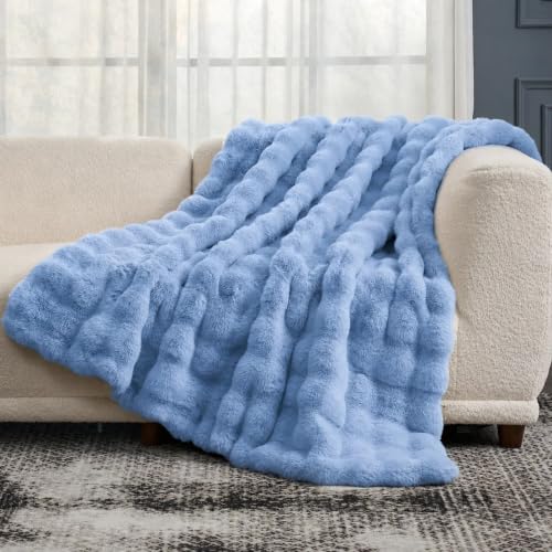 Cozy Bliss Faux Fur Bubble Throw Blanket for Couch, Fuzzy Soft Plush Thick Blanket for Sofa Bed Gift, 50x60 Inches Misty Blue - color: Misty Blue, size: Throw(50" x 60")