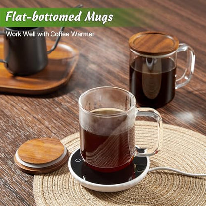 DRASTAR Glass Coffee Cups,12 oz Clear Coffee Mugs with Acacia Wood Lid,Flat Bottomed Coffee Mug with Handles,Tea Cup Set of 2 - size: 12 oz