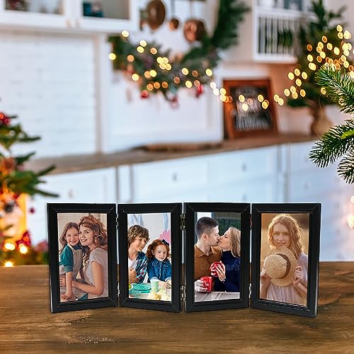 POILKMNI 4 Folding 4x6 Inch Hinged Picture Frame with 4 Openings | Natural Wood Foldable Photo Frame High Definition Acrylic for Mothers Day Father's Day Christmas Gift, Family Picture, Black - color: Black, size: 4x6