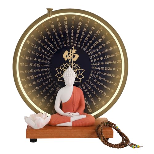 Buddha Statue Decoration, Ceramic Buddha Statue with LED Ring Light & Backflow Incense Burner, Meditation Decor for Home and Office (Red) - color: Red