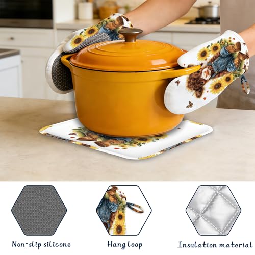 Oven Mitts and Pot Holders Sets,Cute Highland Cow Thick Cotton Kitchen Oven Mitt Set,Rustic Sunflowers Butterfly Waterproof Anti-Slip Silicone Mittens for Baking,Cute Cooking Utensils Set - color: Cute Highland Cow