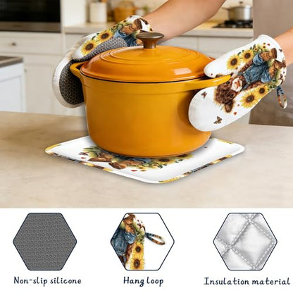 Oven Mitts and Pot Holders Sets,Cute Highland Cow Thick Cotton Kitchen Oven Mitt Set,Rustic Sunflowers Butterfly Waterproof Anti-Slip Silicone Mittens for Baking,Cute Cooking Utensils Set - color: Cute Highland Cow