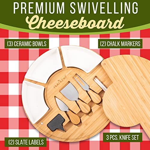 NutriChef Bamboo Natural Cheese Board Set with Bonus Condiment Cup-Extra Large Size 100% Home Organic Wooden Plate and Charcuterie Tray with 4 pcs Cutting Knife Slicer, 13" Round - style: Round with Gift Box