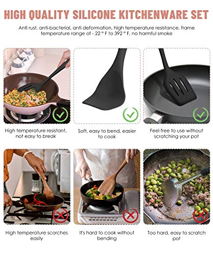 Black Kitchen Utensils Set-12 Pieces Silicone Cooking Utensils Set | Dishwasher Safe 392°F Heat Resistant Spatula Set Kitchen Utensil Set for Nonstick Cookware,Best Kitchen Tools with Holder - color: Black
