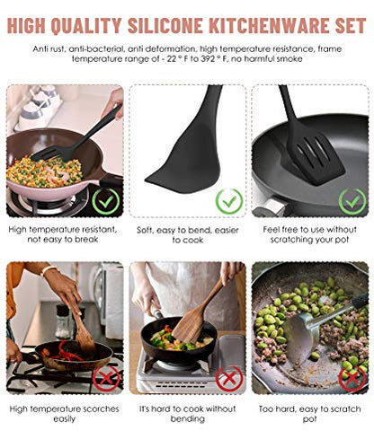 Black Kitchen Utensils Set-12 Pieces Silicone Cooking Utensils Set | Dishwasher Safe 392°F Heat Resistant Spatula Set Kitchen Utensil Set for Nonstick Cookware,Best Kitchen Tools with Holder - color: Black