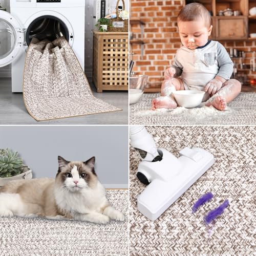 ROYHOME Runner Rug Print Braided Hallway Runner Washable Entryway Rug | Stain Resistant Non-Slip Area Rug Farmhouse Solid Printed Textured Carpet for Bedroom Laundry Kitchen, Beige/Grey, 2' x 6' - color: Beige/Grey, size: 2' x 6' (Rectangular)