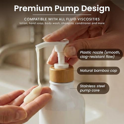 MaisoNovo Soap Dispenser Bathroom Set of 2-16.9 oz Bathroom Soap Dispenser Set - White Plastic Bottles x 2 with White Bamboo Pumps & Tray - color: Plastic White Bottles/ White Bamboo Pumps