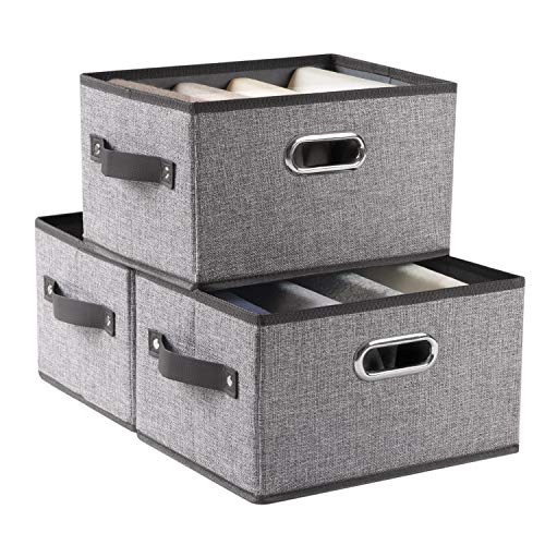Fodable Storage Bins for Closet [3-pack] Decorative Fabric Storage Baskets Cubes with Leather/Metal Handles for Shelves Bedroom Living Room Grey (11.5x8.5x6.7 Inch) - color: Grey&black Trim, size: Medium(3-Pack)