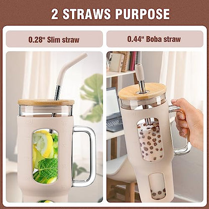 WINSA Glass Tumbler with Lid and Straw, 46 oz, Amber | Iced Coffee Cup with Handle, Large Water Bottle with Silicone Sleeve, Pearl Straw & Drinking Straw, BPA Free - color: Amber, size: 46 Ounces