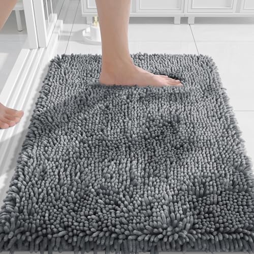 Yimobra Chenille Bathroom Rugs Non Slip, Extra Thick Soft Absorbent Bath Rug, Machine Washable Quick Dry Bath Mat for Bathroom Floor, Tub and Shower, Home Decor Accessories, 24x17, Silver - color: Silver, size: 24" X 17"