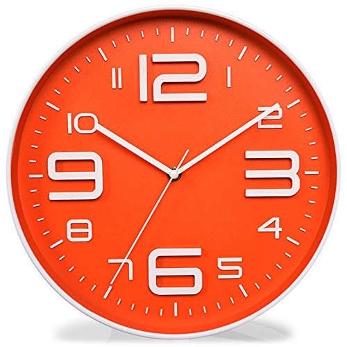Zaoniy Non-Ticking Silent Quartz Wall Clock with Big 3D Number Modern Design Quiet Sweep Movement Indoor Decorative for Living Room Kitchen Wall Clocks Battery Operated 10-Inch (Orange) - color: Orange