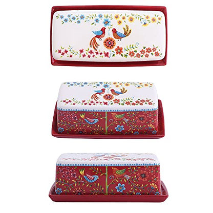 Bico Red Spring Bird Ceramic Butter Dish with Lid, Wide Butter Keeper for Counter, Kitchen Countertop, Microwave and Dishwasher Safe - color: Red Spring Bird